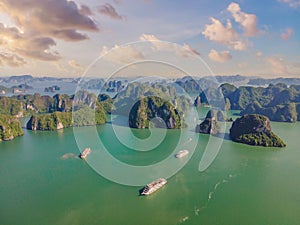 Aerial view panorama of floating fishing village and rock island, Halong Bay, Vietnam, Southeast Asia. UNESCO World