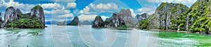 Aerial view panorama of floating fishing village and rock island, Halong Bay, Vietnam, Southeast Asia. UNESCO World Heritage Site