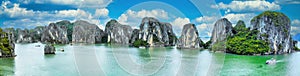 Aerial view panorama of floating fishing village and rock island, Halong Bay, Vietnam, Southeast Asia. UNESCO World Heritage Site