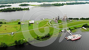 Aerial view panorama of Kizhi island. Onega lake, Karelia, Russia.