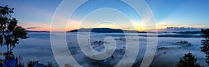 Aerial view panorama landscape blue sky sunrise foggy in mountains of Khao Kho Thailand and landmark for watching mist on morning