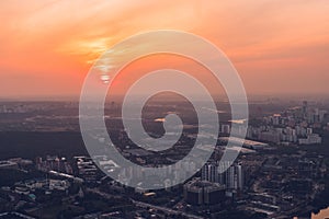 Aerial view panorama of Moscow city at sunset