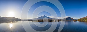 Aerial view panorama of mount Fuji in city at Kawaguchiko lake, Yamanashi, Japan