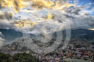 Aerial view panorama Sapa City; Beautiful water reflection in a