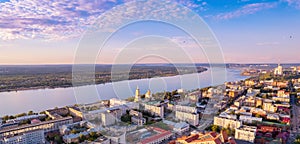 Aerial view panorama sunset city Perm Russia, drone photo