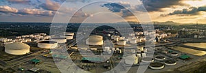 Aerial view panorama view of oil refinery storage tank in heavy