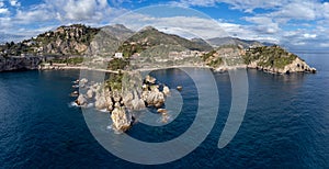 Aerial View. Panoramic image of the Gulf of Taormina and Isola Bella - Travel destination, Taormina, Sicily, Italy