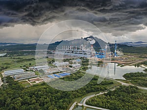 Aerial view, Panoramic view of coal-fired power plants in a large area The machine is working to generate electricity. Beautiful