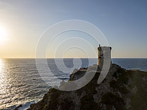 Aerial view of the Parata Tower from the sea, Corsica. France.