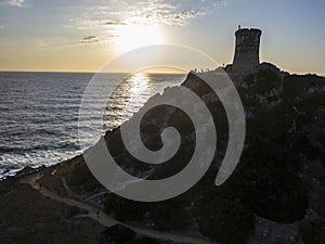 Aerial view of the Parata Tower from the sea, Corsica. France.