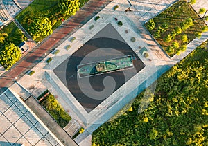 Aerial view of Parc Andre Citroen city park in Paris, France