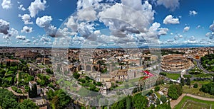 Aerial view of Parco Archeologico del Colosseo in Rome, Italy, with ancient landmarks photo