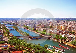 Aerial view of Paris with aerial view from Eiffel tower - the Seine river and residential buildings