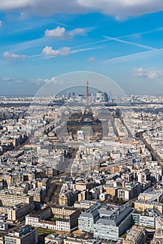 aerial view of Paris architecture, blue sky and Eiffel tower