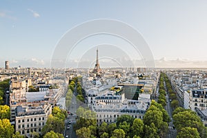 Aerial view of Paris City and the Eiffel Tower during the sunset