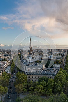 Aerial view of Paris City and the Eiffel Tower during the sunset