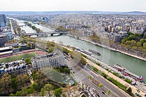 Aerial view of Paris city and Seine river from Eiffel Tower. France. April 2019