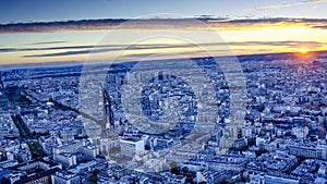 Aerial view of Paris, city skyline at sunset