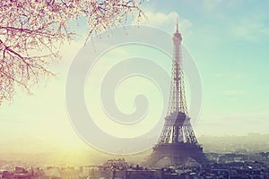 Aerial view of Paris cityscape with Eiffel tower at sunset