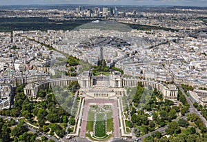 Aerial view of Paris cityscape featuring the Trocadero Gardens in the foreground