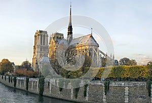 Aerial view of Paris cityscape with Notre Damm at sunset in France