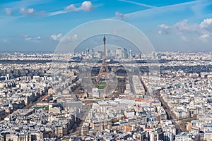 aerial view of Paris architecture, blue sky and Eiffel tower