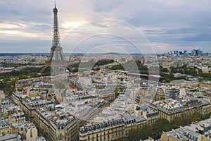 Aerial view of Paris and Eiffel Tower during sunset