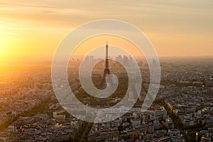 Aerial view of Paris and Eiffel tower at sunset in Paris, France.