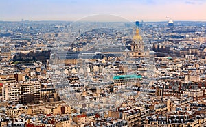 Aerial view of Paris, France with the Cathedrale Saint Louis des Invalides cathedral from top of the Eiffel Tower or Tour Eiffel