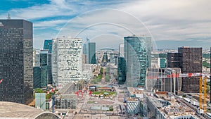 Aerial view of Paris and modern towers timelapse from the top of the skyscrapers in Paris business district La Defense