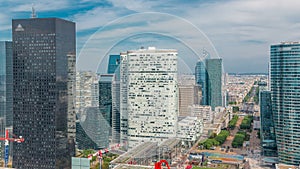 Aerial view of Paris and modern towers timelapse from the top of the skyscrapers in Paris business district La Defense