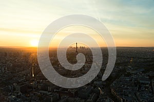 Aerial view of Paris skyline with Eiffel Tower at sunset. Eiffel