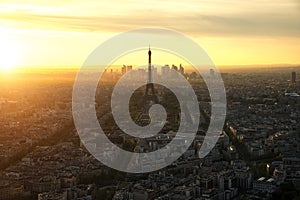 Aerial view of Paris skyline with Eiffel Tower at sunset in Paris, France. Eiffel Tower is famous landmark in Paris.