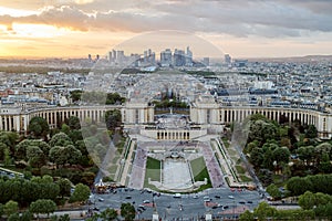 Aerial view of Paris at sunset from Eiffel Tower in the direction of Trocadero and la Defence district.