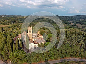 aerial view of the parish church of san piero in the market in the tuscan town of montespertoli