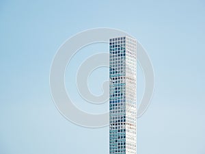 Aerial view of 432 Park Avenue building on blue sky background in New York City, United States