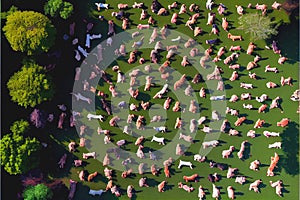 Aerial view of a park field packed with lots of pet dogs