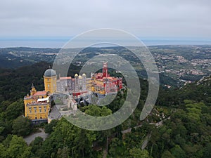 Aerial view of The Park and National Palace of Pena in Sintra, Portugal