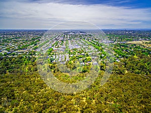 Aerial view of park and suburban area in Melbourne, Australia.