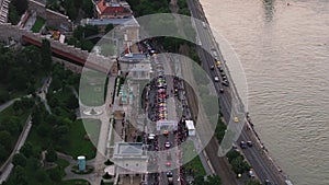 Aerial view of parked sportscars. Participants in international celebrity motor rally Gumball 3000. Budapest, Hungary
