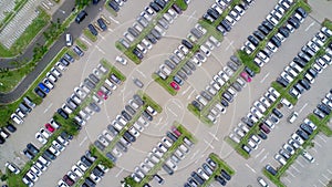 Aerial view of a parking lot with cars