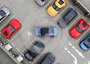 Aerial view of parking lot. Half of parking lot available for EV charging service