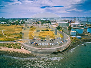 Aerial view of parking lot near ocean coastline at Williamstown suburb of Melbourne, Australia.