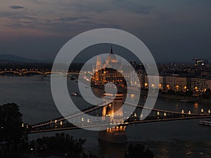 Aerial view of the Parliament building in Budapest, Hungary illuminated at night