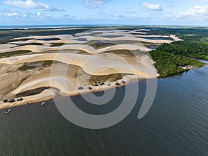 Aerial view of Parque da Dunas - Ilha das Canarias, Brazil. Huts and boats and sand dunes.