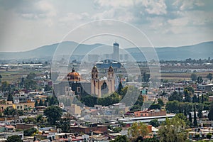 Aerial view of Parroquia de San Andres Apostol Saint Andrew the Apostle Church - Cholula, Puebla, Mexico