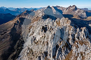 Aerial view of part of the rock formation known as Gastlosen, near Jaun, Canton Fribourg, Switzerland, during a clear photo