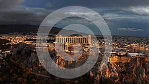 Aerial view of the Parthenon temple on Acropolis of Athens at beautiful sunset. Greece