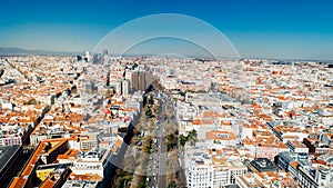 Aerial view of Paseo de Recoletos in Madrid, Spain.Panoramic view of Madrid streets.Busy traffic lane in of Spain photo