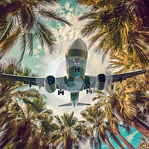 Aerial View of Passenger Plane Flying Over Tropical Palm Trees - Bottom View of the Aircraft. Generative AI